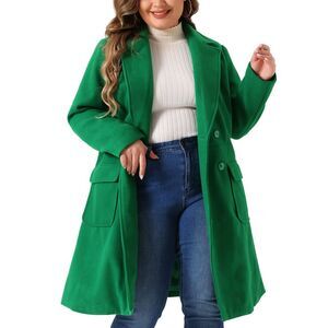 Plus Size Long Notch Lapel Double Breasted Pea Trench Coat Green